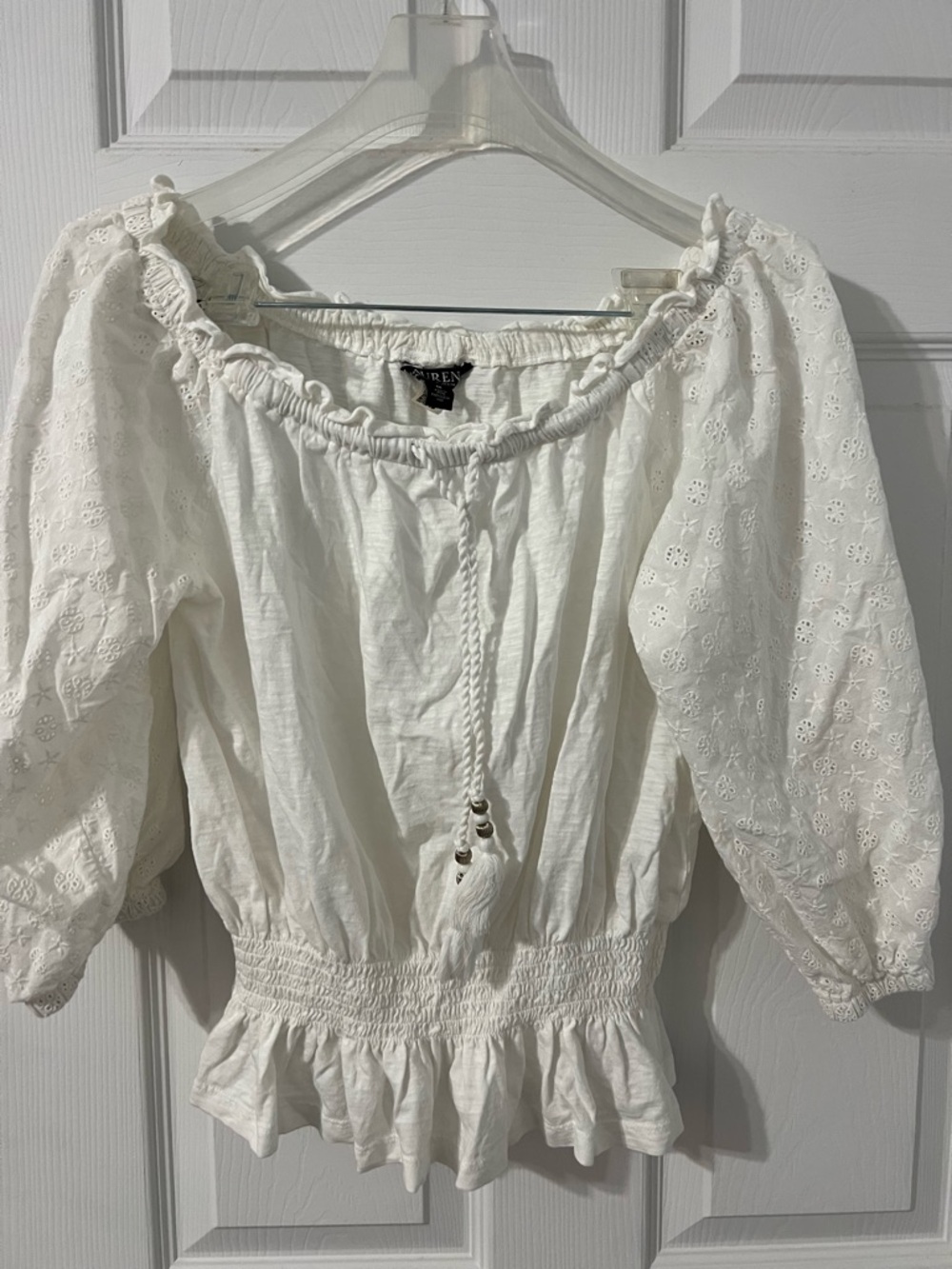 Lauren Ralph Lauren Cream Elastic-Waist Textured Top